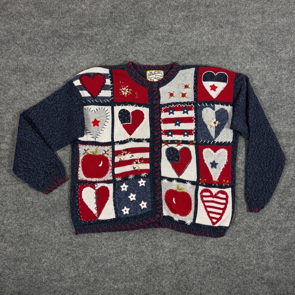Vtg Heirloom Collectibles Cardigan Americana Patchwork Heart Star Women L Blue